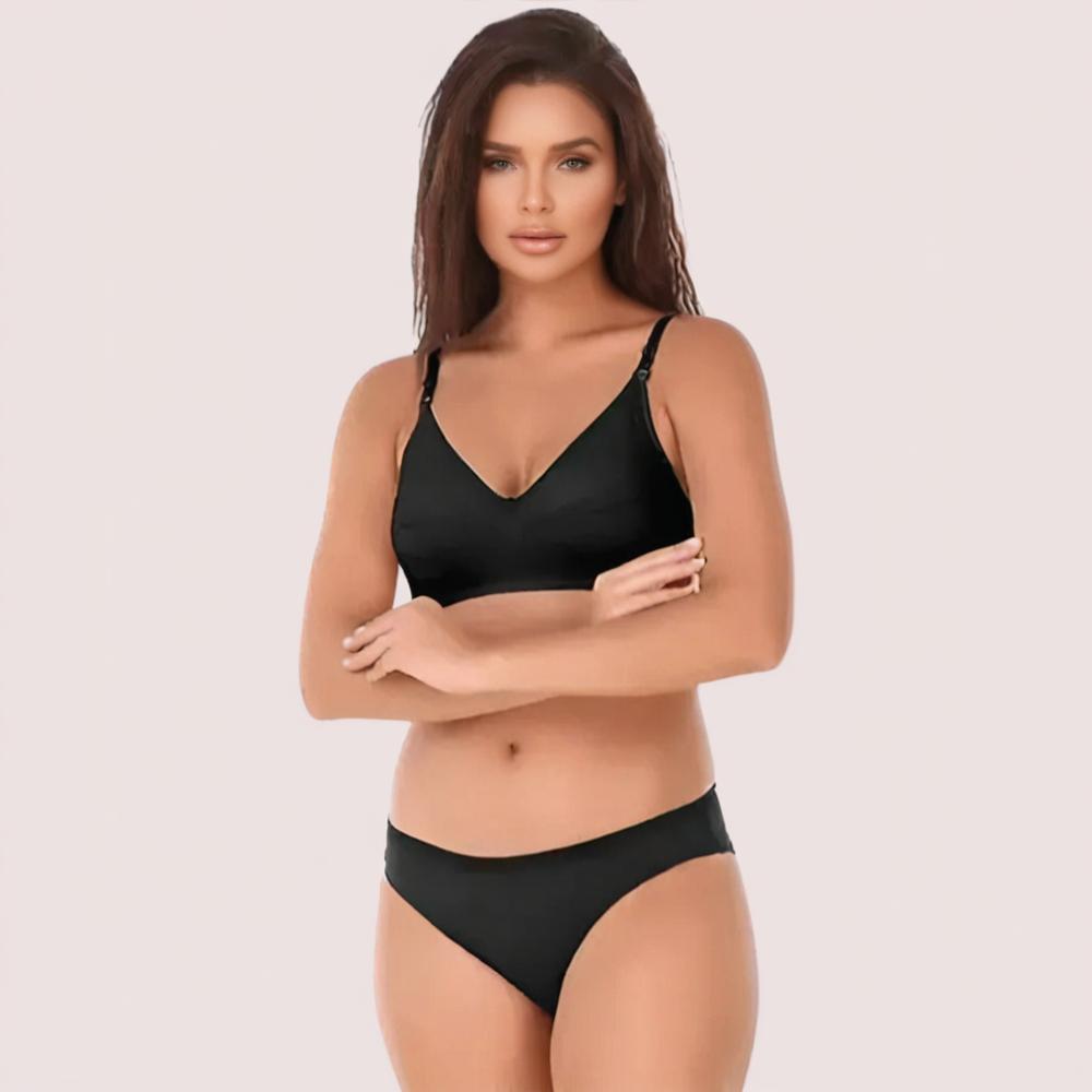 KozyKlicks French Daina Black Beauty Essentials Combo – front view of woman wearing seamless black bra and matching bikini panty set
