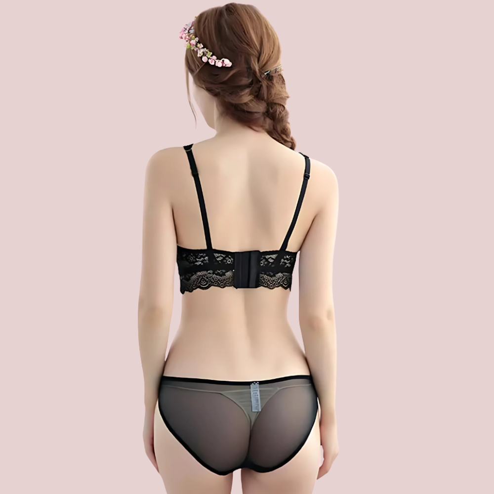 Sheer Seduction Bralette Set – back view showing lace bralette with adjustable straps and sheer mesh bikini panty for a sexy, comfortable fit. Premium women’s lingerie by KozyKlicks.

