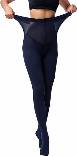 Alt text: Women's navy blue opaque tights stretchable waistband – high-waist durable pantyhose for women – KozyKlicks
